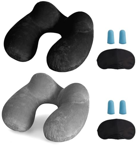 LUZWAY Almohada de Viaje Hinchable, Cojin de Viaje Cuello con Máscara de Ojos, Tapones y Bolsa, Inflable Cojin Cervical Viaje Almohada Cervical Viaje para Avión Tren Coche Bus