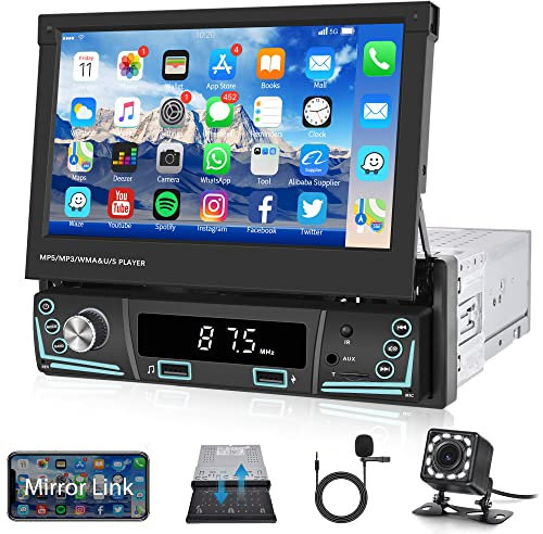 Rimoody Single Din Car Stereo 7'' Flip Up Touchscreen Car Radio with Bluetooth 1 DIN FM Radio Mirror Link for Android/iOS Phone Support TF/USB + Rear View Camera