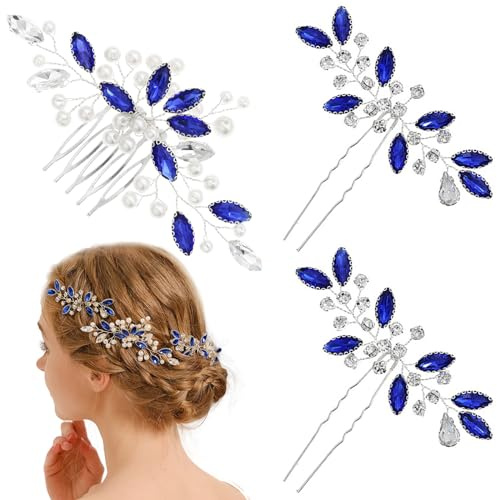 3 PCS Blue Rhinestone Hair Comb Peatl Leaf Hair Side Comb Grace Fashion Anti-slip Crystal Bridal Headpiece Handmade Wedding Prom Bridesmaids Women Girls Hair Accessories for Thick Thin Hair （Silver）
