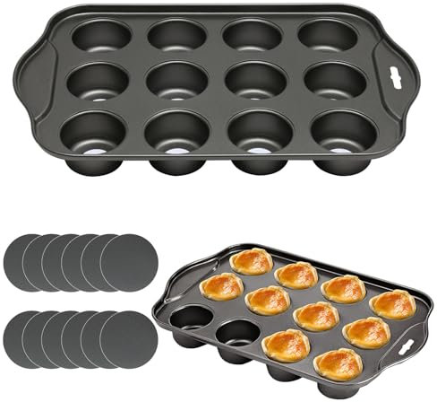 brileze 12 Cup Non-Stick Loose Bases Mini Sandwich Tin Baking Tray Carbon Steel Cupcake Mould Non Stick Coating Muffin Pan Reusable Removable Bottom Bakeware, Dishwasher Safe, 33x21x4cm