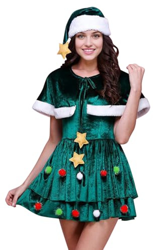 De feuilles Robe Arbre de Noël pour Femme 2 PCS Tenue Costume Déguisement Sapin de Noël Mini Robe A-ligne Motif 3D avec Chapeau de Père Noël