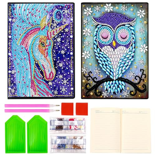 Mecmbj diamond painting enfant, loisirs créatifs fille 8 ans, 2 pièces carnet d'art de peinture de diamant A5, cadeau pour filles de 6 à 12 ans, carnet de notes mandala pour l'école (bleu)