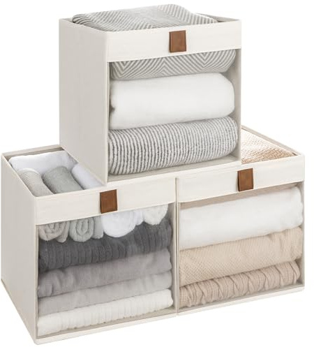 StorageWorks 11x11 Storage Cubes, Closet Storage Bins with Clear Window, Fabric Organizer for Clothes, Collapsible Storage Baskets with PU Handles, Beige, 3-Pack