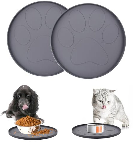 HEKOBAG 2 STK Napfunterlage Hund Rund Hundenapf Unterlage Silikon Fressnapf Unterlage Katze Klein Futtermatten für Hunde Grau rutschfeste Futterunterlage Katze Unterlage für Katzennapf (28cm x 28cm)