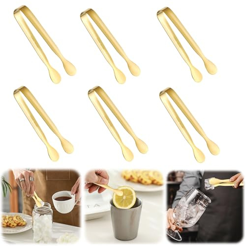 Confezione da 6 mini pinze da portata, piccole pinze per servire cibo, in acciaio inox, mini pinze per zucchero, per salumi, antipasti, dessert, servire cibo, piccole feste danesi (oro)