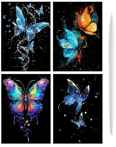 BARRU 4 pièces Kit d'art à gratter – Papier magique arc-en-ciel anti-rayures, motif papillon noctilucent, idéal pour les enfants et les adultes, cadeau créatif pour Noël et Anniversaires (Papillon)