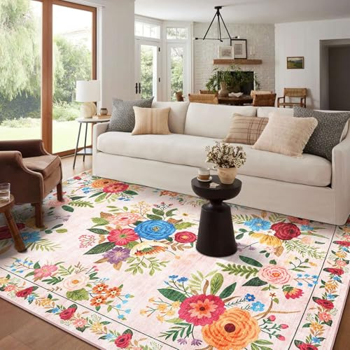 BYBSRLL Machine Washable Rugs Living Room, 120x180cm, Non Slip Floor Carpet, Boho Rug, Low Pile, Soft Vintage Floral Area Rugs for Bedroom, Kitchen,Entryway, Lounge, Bedside, Dorm,Light Pink