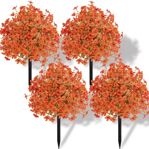 Alupssuc Fiori Artificiali Finti Topiaria Autunnali - 4 Esemplari con Arancione Realistico, Sfere Bosso e Picchetti - Decor Esterna UV Resistente per Giardino, Portico, Viali