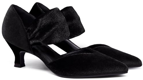 Coutgo Womens Low Kitten Heel Dress Shoes Pointed Toe Slip on Ankle Strap Cutout Elegant Party Wedding Pumps, Velvetblack, 8 UK