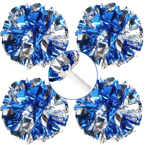 Lovecheer 4PCS Metallic Blue and Silver Pom Poms Cheerleading for Cheerleader Team Spirits Basketball Football Sports Party Birthday Gifts