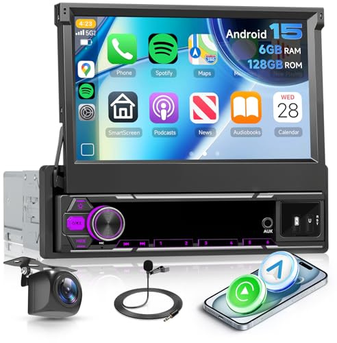 [6G+128G] Android 15 Single Din Flip Out Car Stereo with Wireless Carplay & Android Auto, 7 Inch Touch Screen Car Stereo with WiFi, Bluetooth, FM/AM/RDS, GPS, DSP, SWC, USB, Camera