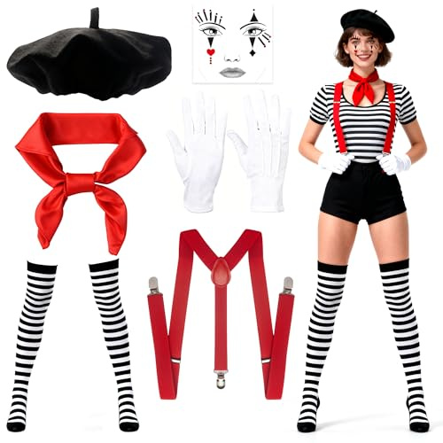 GEVECORI Pantomime Costume pour homme et femme, costumes de carnaval, costume de carnaval 6 pièces avec béret, écharpe, gants, tatouage, chaussettes et bretelles, soirée à thème, Halloween