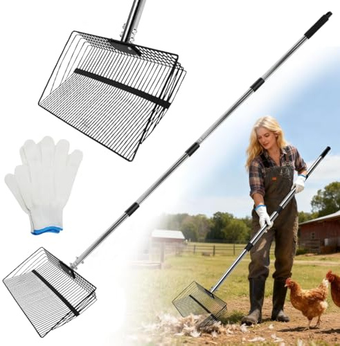 Vunanvu Pala Gallinero 4 en 1, Pala para Arena de Gatos Ajustable 91 a 190 cm, Pala para Retirar Excrementos Gatos pollos, Erramienta de limpieza Extensible para Gallinero, PalaColador para Separación