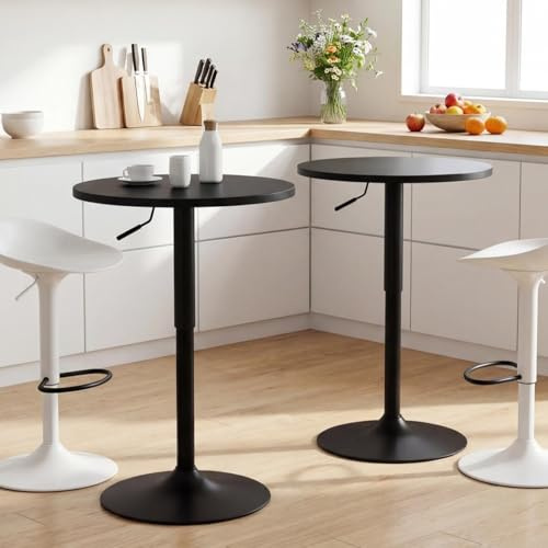 Ckaff Set di 2 Tavolo Rotondo da Bar, Tavolino Rotondo Φ60cm con Piano Girevole a 360°, Tavolo Alto da Bar con Base in Metallo, Tavolo Regolabile in Altezza 70-91.5cm per Cucina Soggiorno, Nero