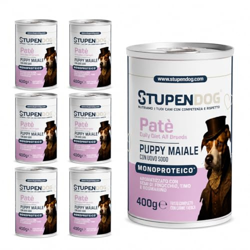 STUPENDOG Paté para cachorros monoproteico de cerdo con huevo duro – 93% cerdo fresco + 4% huevo, crecimiento saludable y articulaciones fuertes – Alimento húmedo para perros natural sin cereales (6