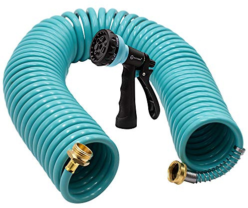 AUTOMAN Recoil Garden Water Hose 50 ft, EVA Curly Water Hose with Brass Connectors,Garden Hose Coil,Includes 7-Pattern Function Sprayer,Retractable,Corrosion Resistant Garden Coil Hose.