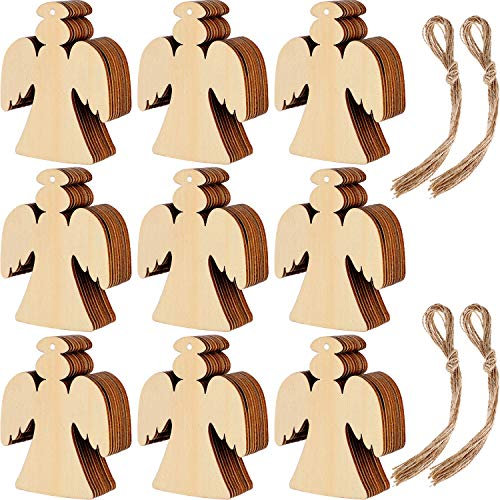 Blulu 60 Adornos de Madera de Navidad Rebanadas Redondas Copo de Nieve de Madera en Forma de Ángel con 60 Cordones para Decoración Colgante de Árbol de Navidad (Estilo 3)