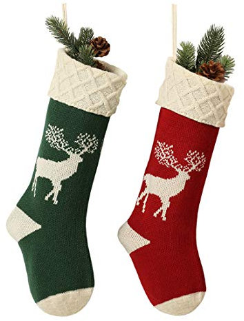 Christmas Stockings, Knitted Reindeer Pattern Xmas Stockings Traditional Hanging Socks Ornament for Family Holiday Party Decorations 46CM