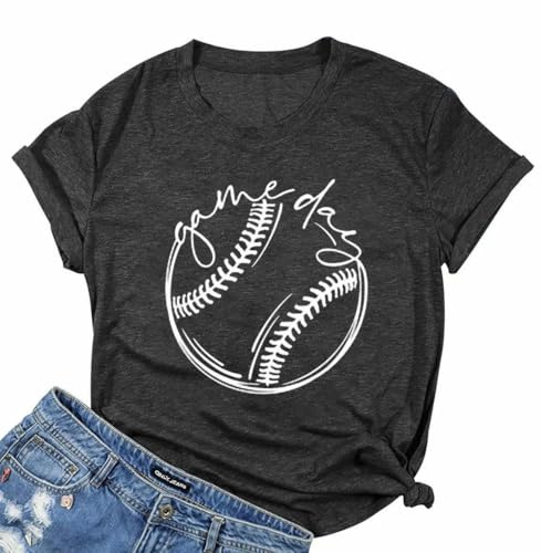 ALLTB Baseball Shirt Women Baseball Mom Shirts Funny Game Day Baseball Graphic Tee Tops Casual Ball Short Sleeve Tee Top Dark Grey
