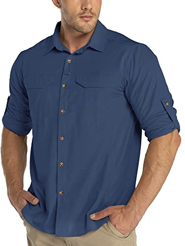 33,000ft Chemise fonctionnelle pour homme UPF50+ - Protection UV - Manches longues - Respirant - Chemise boutonnée - Chemise d'extérieur sportive - Chemise de pêche pour homme, bleu foncé, L