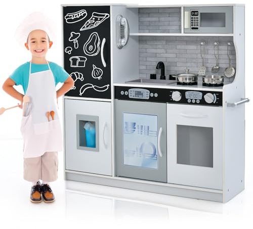 COSTWAY Cocina de Juguete de Madera, Cocinita Infantil con Pizarra, Teléfono, Microondas, Fabricador de Hielo, Lavavajillas, Horno y Sonidos Simulados para Niños y Niñas de 3 a 6 Años (Blanco)