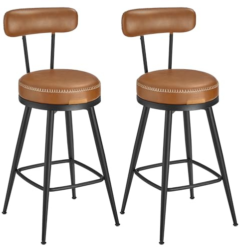 VASAGLE Collection - 360?Swivel Bar Stools Set of 2, Counter Chairs with Backs, Synthetic Leather with Stitching, Mid-Century Modern, 65 cm Tall, Kitchen Home Bar, Caramel Brown EKHO LBC089K88
