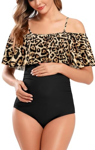 SHEKINI Maternity Maillot de bain une pièce Femme Volants Bandeau Ruched Bikini Réglable Grandes Tailles Maillot de Bain de Maternité Maillot de Bain Une Pièce Bikini Grossesse, Imprimé noir, XL
