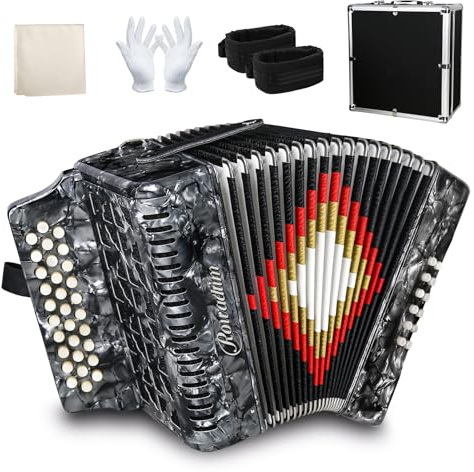 Accordion 31 Key Button Professional Diatonic Concertina with 12 Bass, F/B/E Tuned, Portable Squeezebox Folk Music Instrument for Adults Beginners with Case (Gray)
