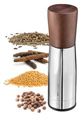 GEFU Gewürzmühle SPICE-GRIND – Hochwertige Keramikmühle CYCLONE® Mahlwerk | 12-stufige Mahlgradeinstellung Fein bis Grob | Edelstahl & Akazienholz