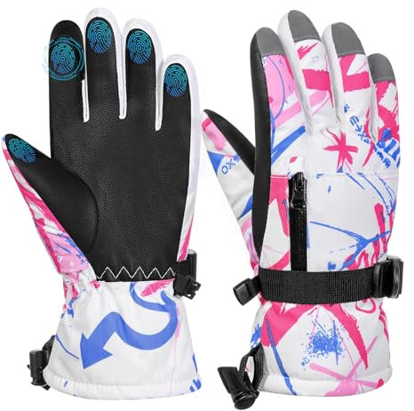 MoKo Skihandschuhe Kinder Wasserdicht, Winterhandschuhe Kinder mit Reißverschlusstasche, Warme Winddichte Handschuhe Kinder 6-11 Jahre, Schneehandschuhe für Snowboard Rodeln Radfahren, Rosa&Blau, XS
