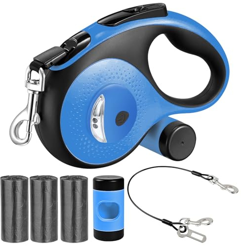 26Ft Retractable Dog Leash - for Dog Up to 110lbs, Tangle Free Walking Leash with Chew Proof Cable | LED Light | Dispenser | Poop Bags, Quick Lock Braking & Non-Slip Handle (Blue)