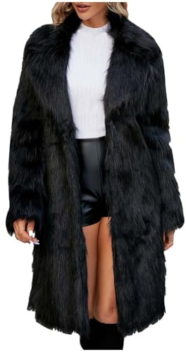 AnnSemo Women's Coats Winter Faux Fur Coat Fluffy Trench Coat Warm Long Ladies Cardigans Turndown Collar Long Sleeve Thick Thermal Cardigans with Big Pockets Ski outfit Outerwear Overcoats