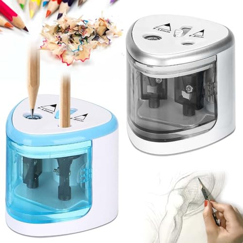 2 Stück Elektrischer Anspitzer, Elektrischer Spitzer für Kinder Doppelloch für 6-8mm und 9-12mm,Spitzer Elektrisch,Elektrischer Universal Anspitzer,Elektrische Bleistiftspitzer für Schulen,Haushalte