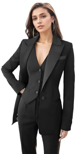 Smoking da donna, set da 3 pezzi per donna blazer pantaloni gilet set da donna abiti professionali da donna, nero, 40