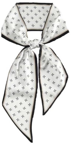 GIMIRO 148 x 13,5 cm Elegantes Seidenschal mit X-Muster, Weiß-Schwarz, Quadratisches Design, Luxuriöse Halstuch für Damen (White +)