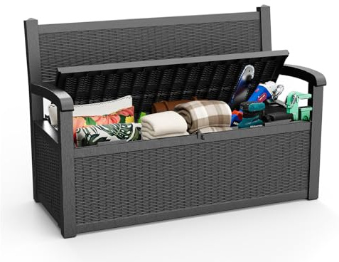ROJIK 80 Gallon Storage Bench Deck Box Outdoor with Armrests,Storage Furniture Waterproof Lockable for Porch Patio and Garden (Black)
