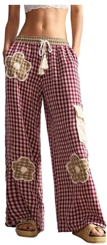 BEAUDRM Women's Floral Patch Baggy Pants Plaid Drawstring Waist Wide Leg Causal Trousers with Pockets Red Large
