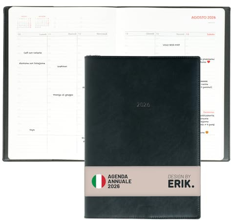 Grupo Erik: 2026 dagbok på italiensk – veckodagbok 2026 A4, möteskalender, 30 minuters mellanrum och välkänt utrymme, svart mjukt omslag, veckoplanerare, årlig och månad