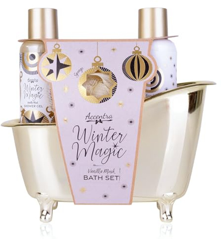 Accentra Badset Winter MAGIC i dekorativt badkar av plast, 100 ml duschgel, 100 ml kroppslotion, 15 g nätsvamp, vanilj musk doft, present till jul