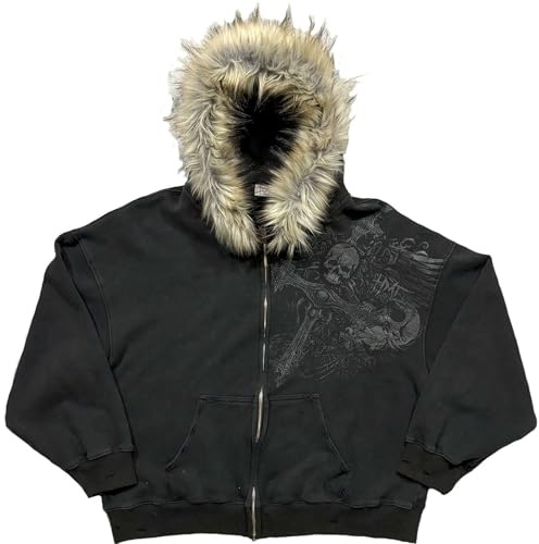 Caxndycing Men's Winter Jacket with Fur Hood Short Zip Hoodie Y2K Vintage Hoodie Hip Hop Sweat Jacket Printed Hooded Jacket Streetwear Transition Jacket Leisure Jacket, black, L