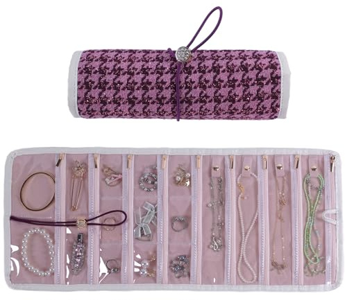 Laveminyx Travel Jewelry Organizer Roll with Zippered Pockets,Hangable | Tangle-Free Portable Jewelry Storage Bag for Women | Holder for Necklaces, Earrings, Rings, Bracelets (Berry Purple)