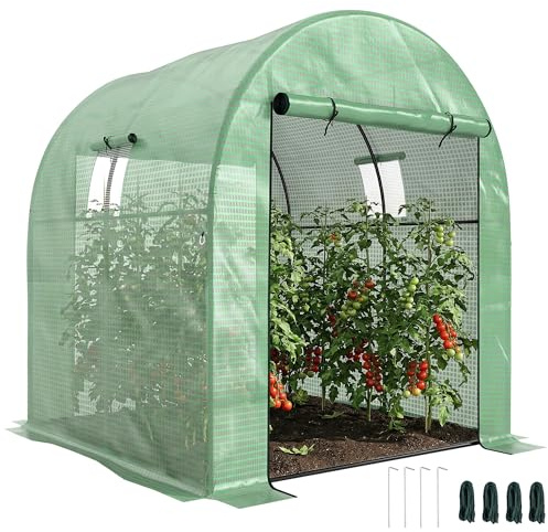 Outsunny Invernadero de Exterior, Invernadero de Túnel con 2 Puertas Enrollables, 2 Ventanas de Malla, Cubierta PE 135g/m², Anti-UV, Marco de Acero, para Cultivos, Plantas, 180x180x200 cm, Verde