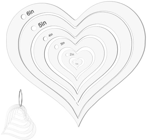Ajcotahm 6Pcs Heart Quilting templates Set with Hinged Ring, Transparent Acrylic Heart Template Ruler for Fabric Marking, Sewing, Craft Design (1 to 6 Inch)