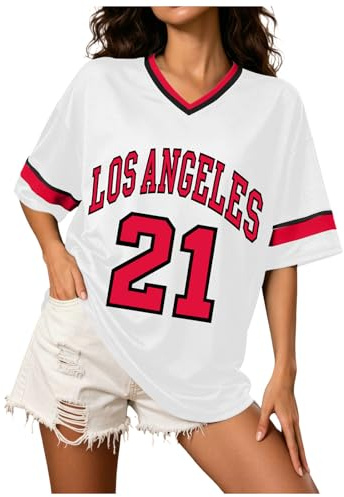 Camiseta de béisbol para Mujer Los Ángeles de tamaño Y2k Number Shirts Graphic Ribetes Camisa de Ocio Cuello V Streetwear Striped Graphic tee Casual Top Verano Camiseta Deportiva Tallas Grandes