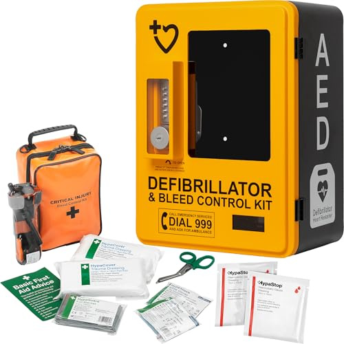 Safety First Aid HypaGuard Outdoor AED Cabinet and Bleed Control Bundle | Lockable and Alarmed Defibrillator Cabinet
