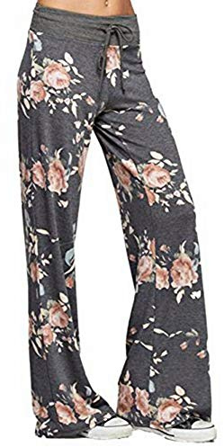 Famulily Women's Comfy Soft Stretch Wide Leg Floral/Polka Floral Print Palazzo Pajama Pants Lounge, Dark Grey, XL