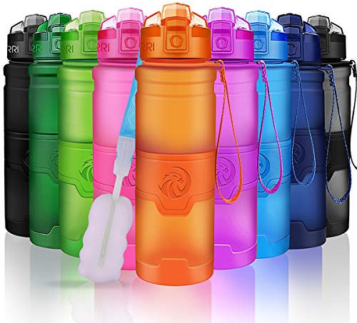 ZORRI Bouteille d'eau Plastique sans bpa Fitness Gourde Sport Ouvrir en 1 clic ,Orange ,500ml-17oz