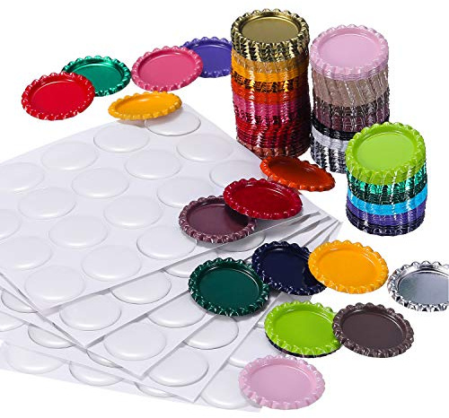 TecUnite 100 Pieces Bottle Caps for Crafts in Double Sides Printed Mixed Colors Flattened and 100 Pack 1 Inch Clear Stickers for Photo Pendant Craft Jewelry Making