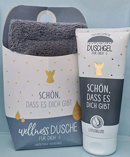 LaVida Relax-Geschenk-Set, Wellness Dusche,Schön dass es Dich gibt, Duschgel- zertifizierte Naturkosmetik mit einem Handtuch aus Bio-Baumwolle
