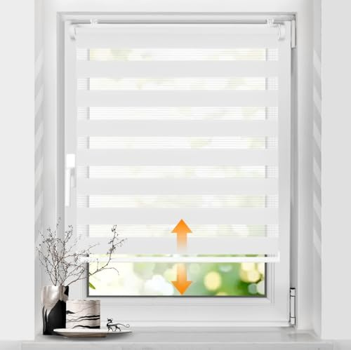 SBARTAR Doppelrollo schnurlos Klemmfix Rollos für Fenster ohne Bohren & zum Bohren, Weiß B50 x H140 cm (Stoffbreite 50 cm), Drücken Und Ziehen Springrollos, Lichtdurchlässig Aber Blickdicht